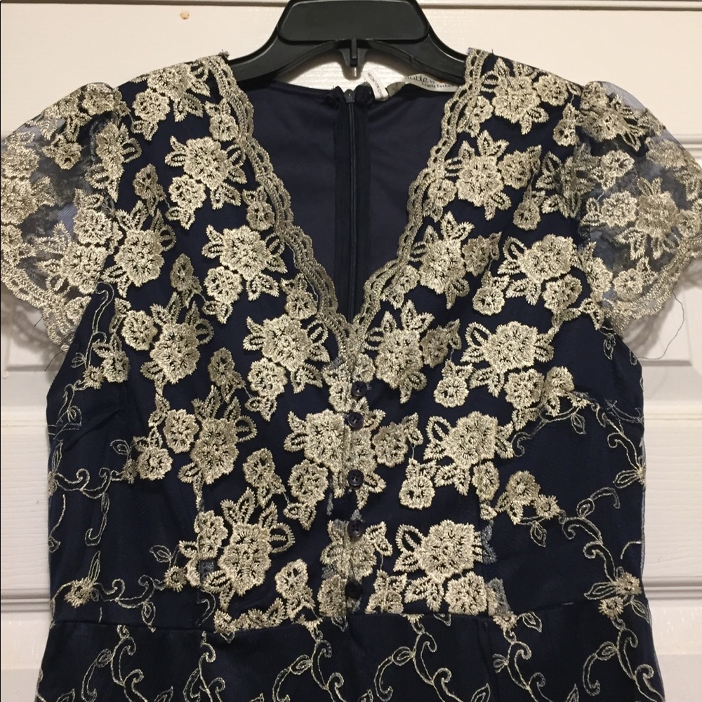 navy blue dress with gold floral design